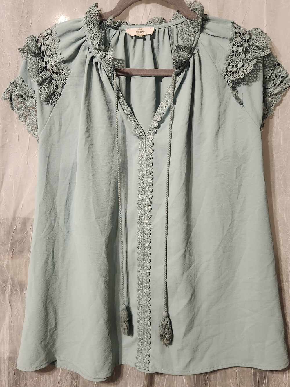 entro Light Blue Crochet-Trim Tie-Front Tunic